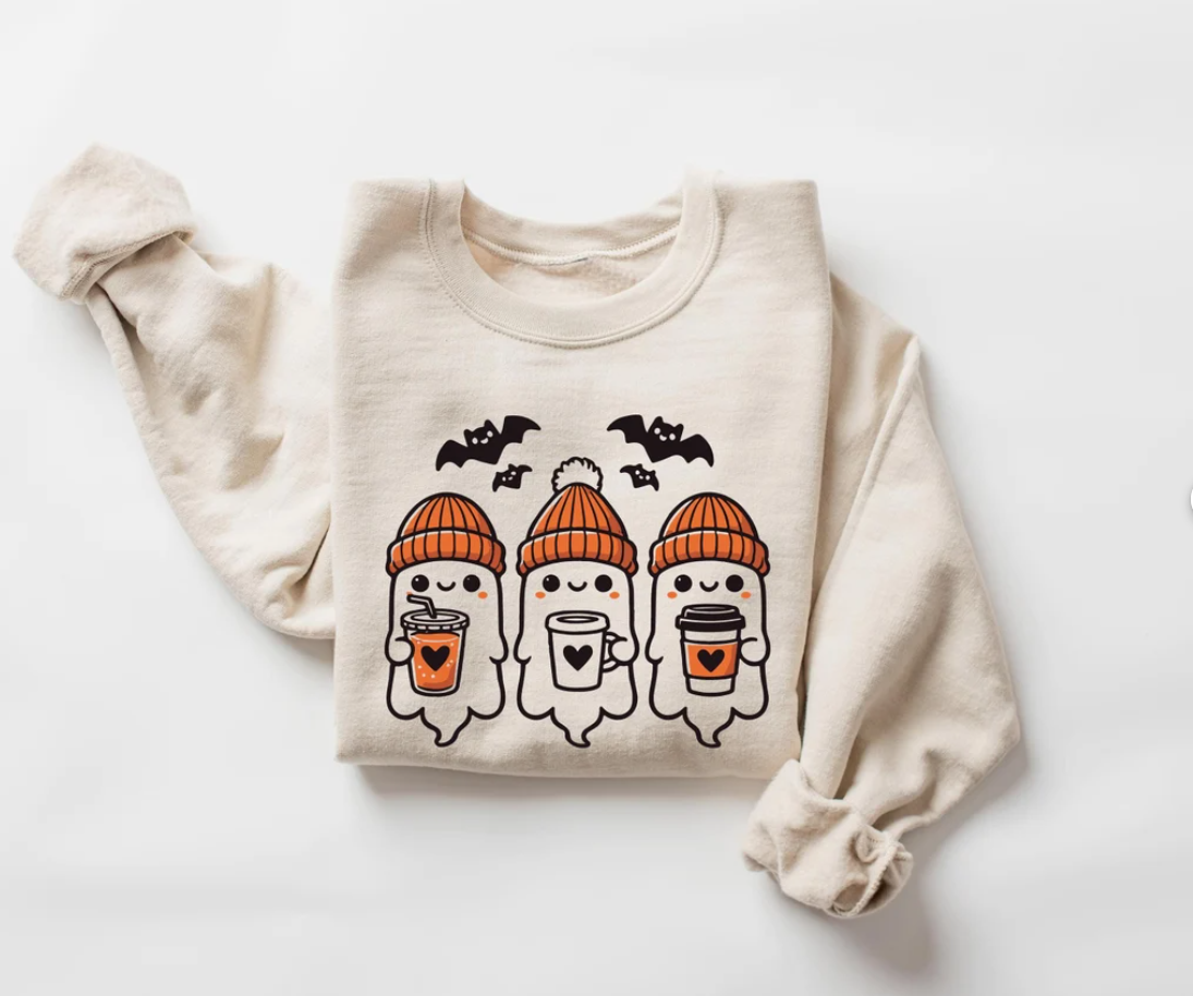 Cute Ghost Drinking Coffee Sweatshirt, Halloween Party Shirt, Fall Graphic Shirt, Ghost Ice Coffee, Spooky Season, Fall Coffee Lover Shirt