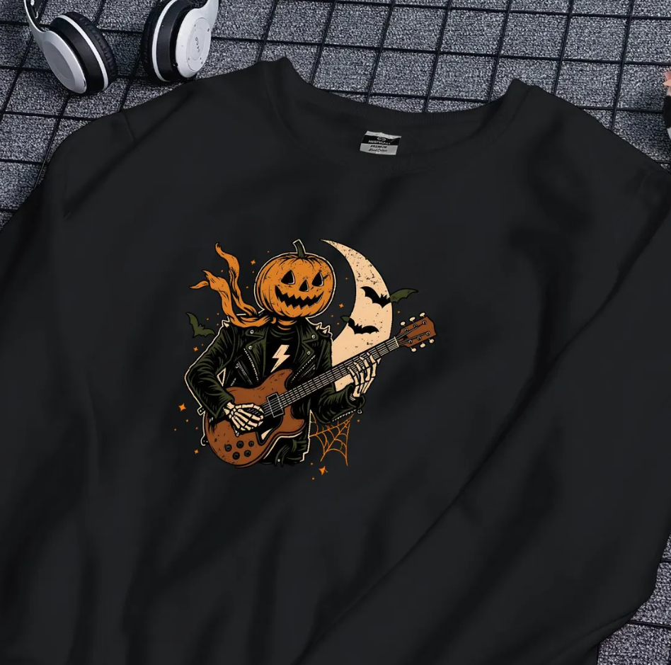 Skeleton Guitar Halloween Sweatshirt Pumpkin Halloween Shirt Spooky Season Shirt Halloween Character Shirt Horror Fall Shirt Halloween Gifts