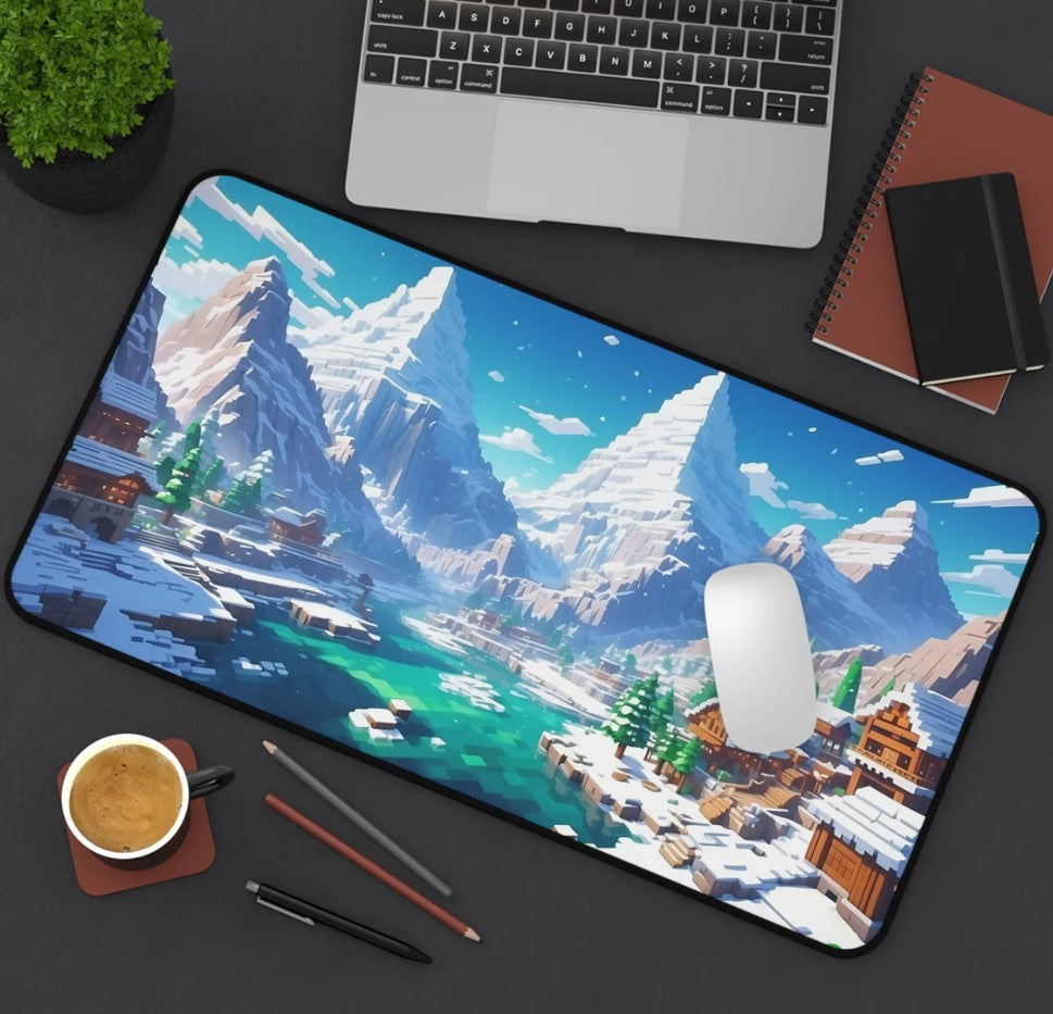Minecraft Snowy Mountain Village Gaming Desk Mat Aesthetic Gaming Art Gaming Computer Peripheral Aesthetic Design RGB Computer Environment, Choose Size