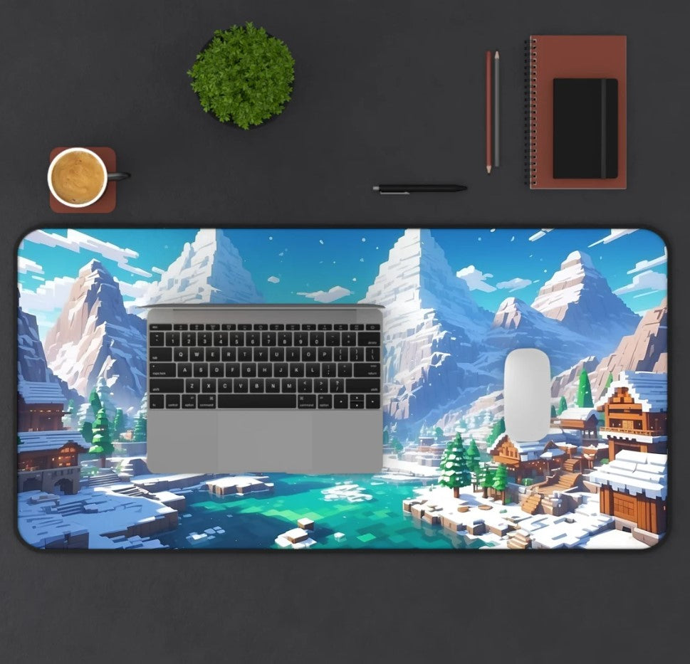 Minecraft Snowy Mountain Village Gaming Desk Mat Aesthetic Gaming Art Gaming Computer Peripheral Aesthetic Design RGB Computer Environment, Choose Size