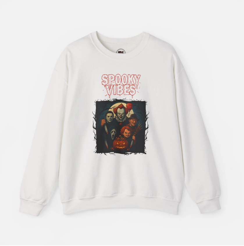 Spooky Vibes Horror Legends Sweatshirt – Halloween Inspired Graphic Sweater