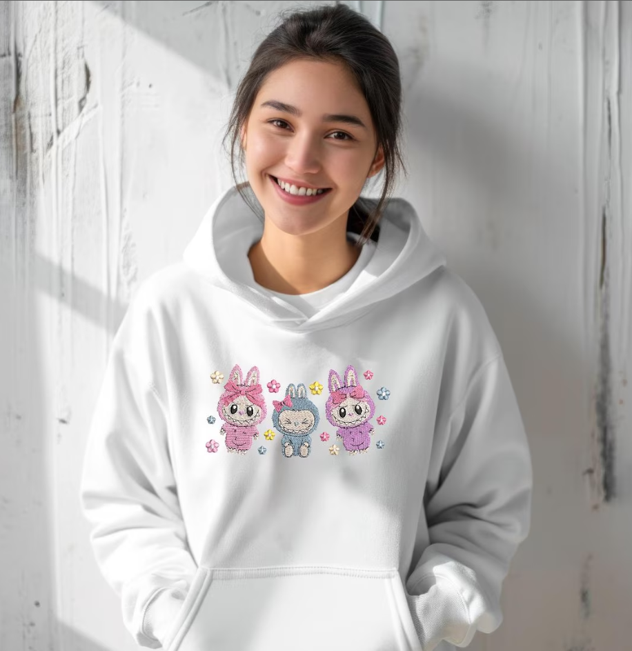 LABUBU Embroidered Hoodie - Viral Trending Shirt - Streetwear Hoodie - Embroidered Character Shirt - Cute Labubu Sweatshirt