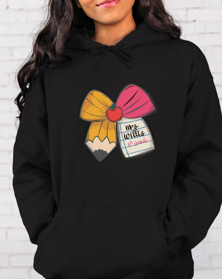 Coquette Teacher Hoodie, Custom Pencil Bow Hoodie with Apple, Personalized Teacher Sweatshirt, Cute Back to School Gift