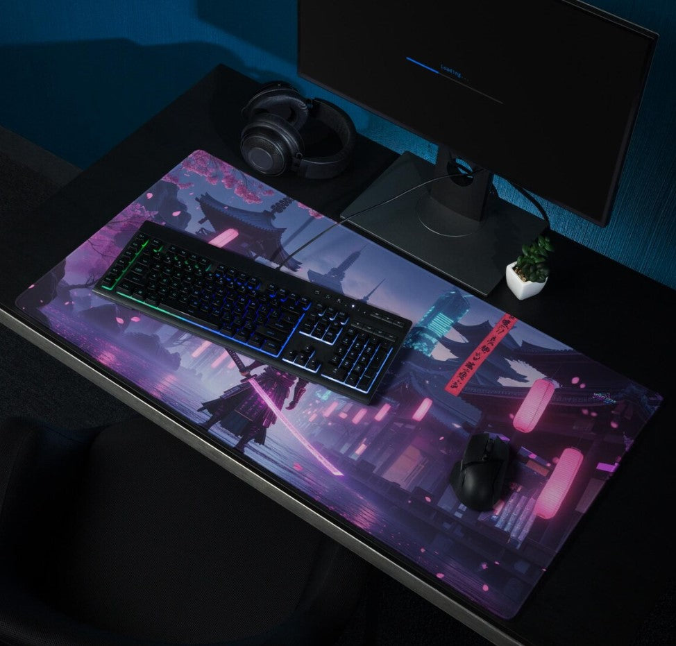 Neon Sakura Cyber Samurai Mouse Pad – Futuristic Pagoda Desk Mat,Choose Size