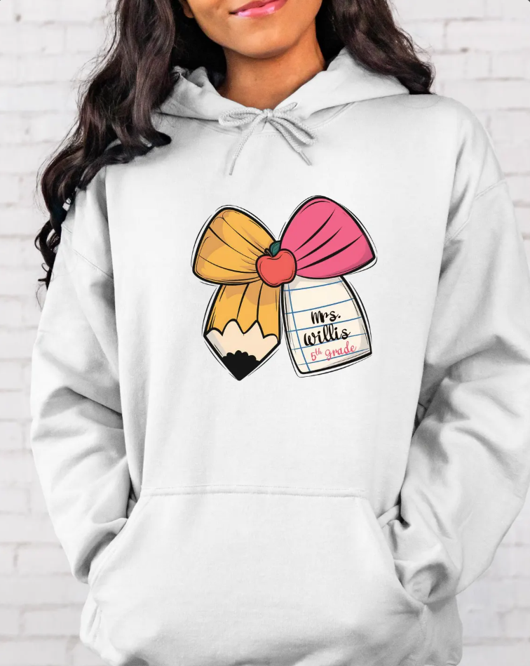 Coquette Teacher Hoodie, Custom Pencil Bow Hoodie with Apple, Personalized Teacher Sweatshirt, Cute Back to School Gift