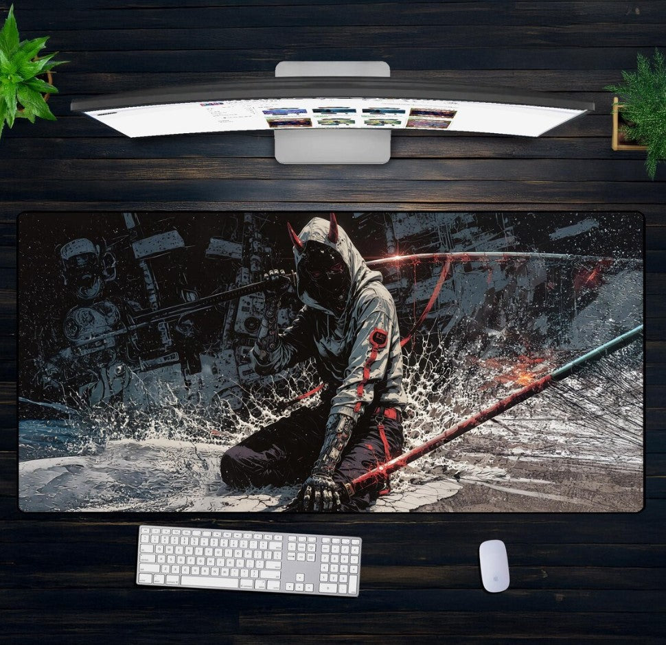 Cyber Ninja Devil XXL Mouse Pad – Urban Samurai Desk Mat with Red Katana, Futuristic Warrior Decor, Gaming Setup for Anime Fans,Choose Size