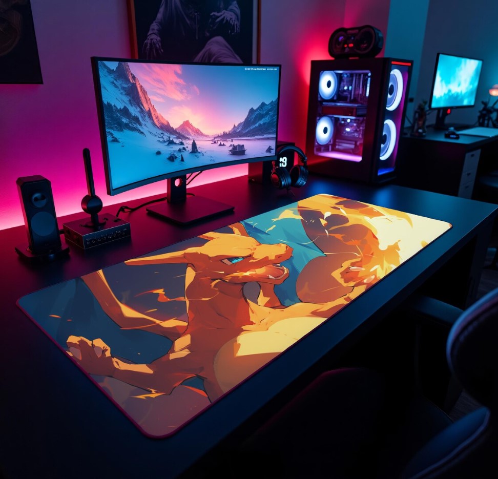 Gaming Desk Mats, Gamer Mouse Pad, Computer Gaming Accessories, Desk Decor, Gaming Setup Gift, Japanese, Fire Pokemon,,Choose Size