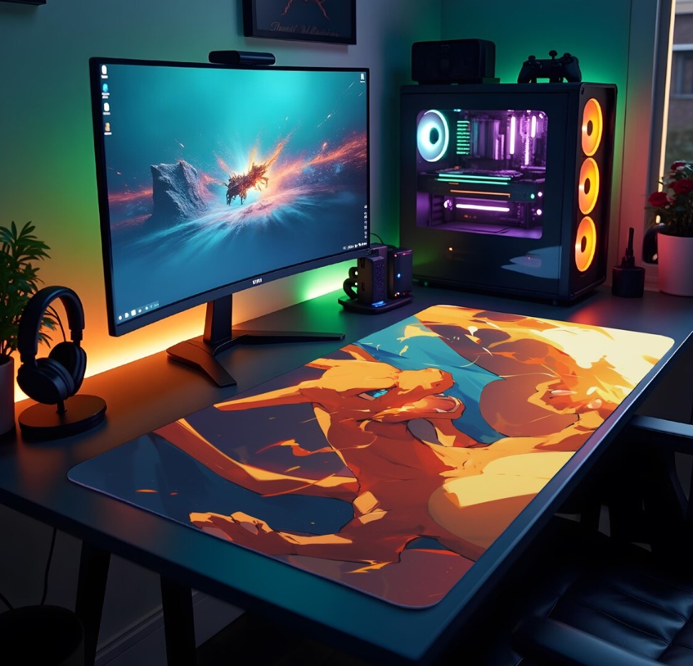 Gaming Desk Mats, Gamer Mouse Pad, Computer Gaming Accessories, Desk Decor, Gaming Setup Gift, Japanese, Fire Pokemon,,Choose Size