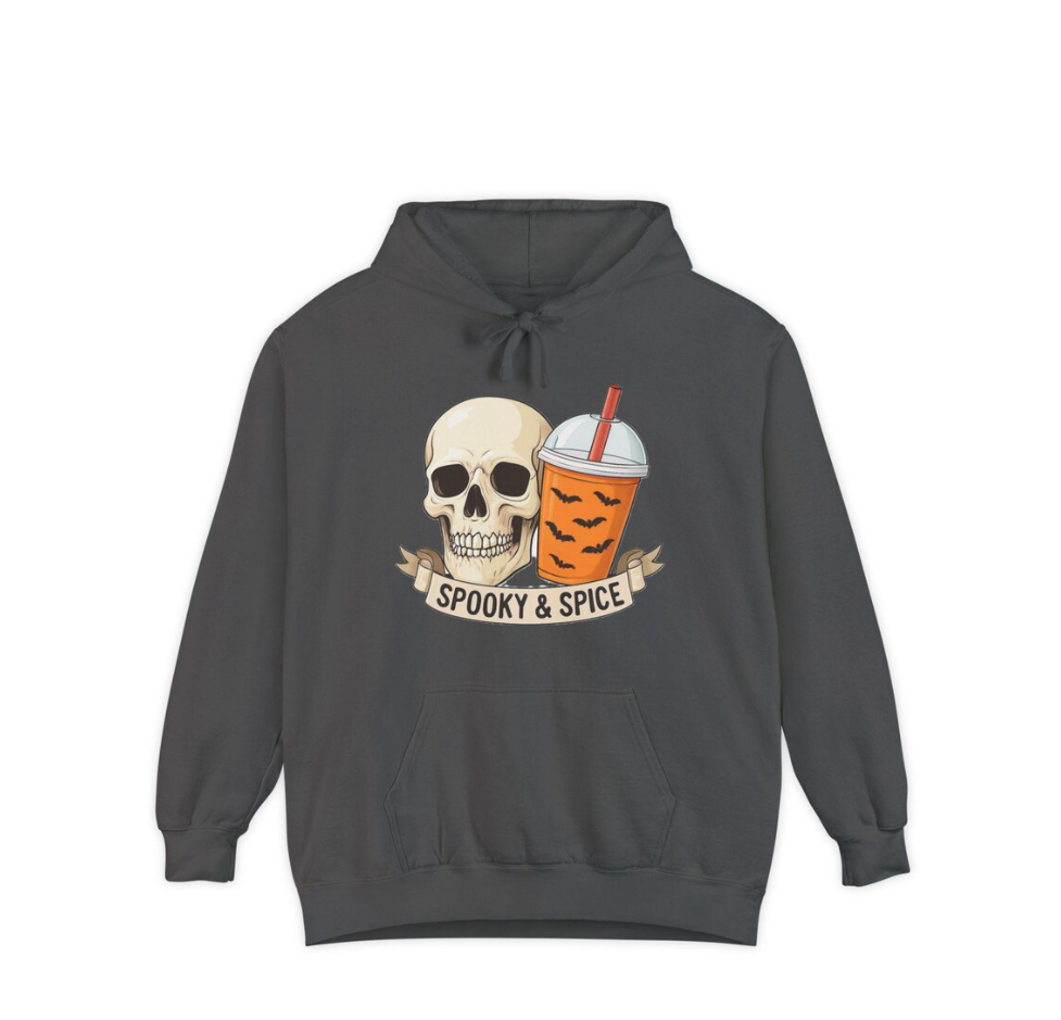 Spooky & Spice Hoodie: Halloween Fashion, Unisex Garment-Dyed Apparel, Cozy Fall Wear, Casual Sweatshirt, Seasonal Gift