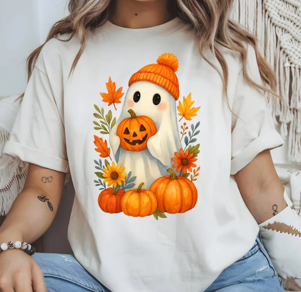 Comfort Colors Cute Ghost Holding Pumpkin T-Shirt, Halloween Shirt, Fall Leaves Shirt, Autumn Vibes Tee, Spooky Season Apparel, Watercolor