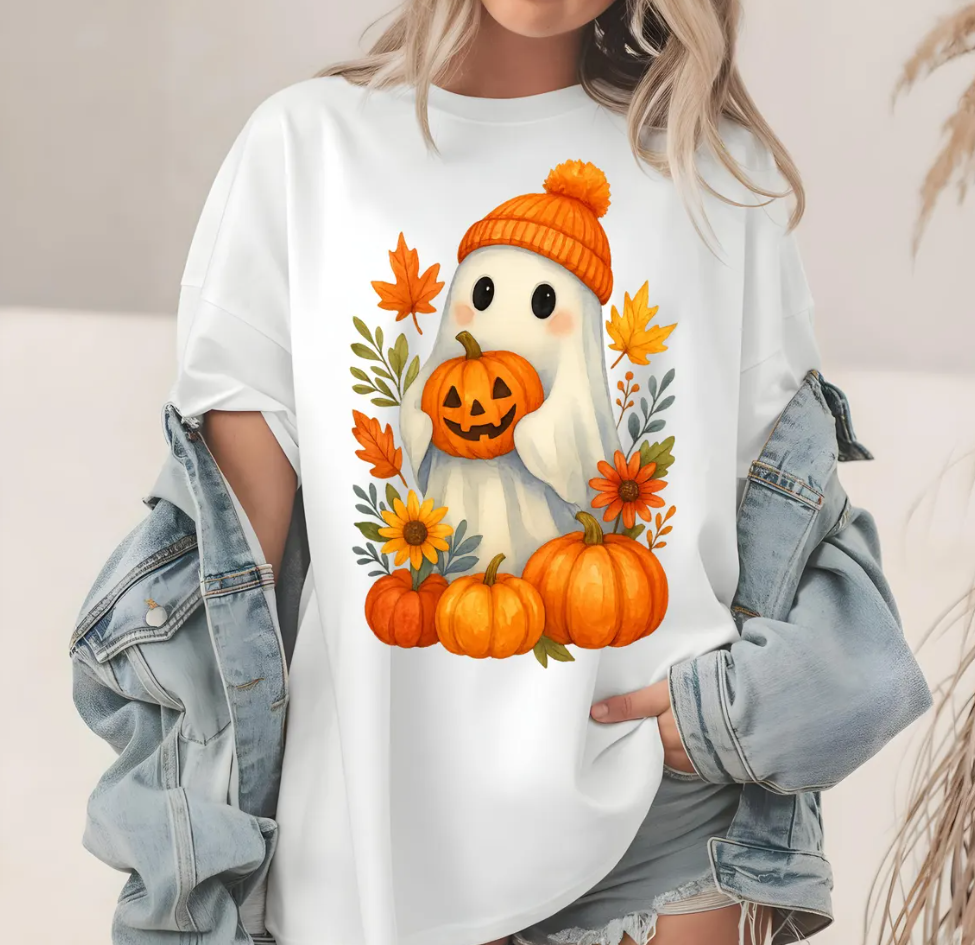Comfort Colors Cute Ghost Holding Pumpkin T-Shirt, Halloween Shirt, Fall Leaves Shirt, Autumn Vibes Tee, Spooky Season Apparel, Watercolor