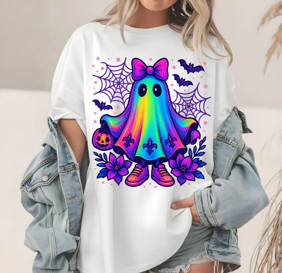 Spooky Season Ghost T Shirt, Halloween Cute Ghost Tee, Rainbow Ghost Shirt, Bats Web and Flowers T-Shirt, Holiday Season Tee