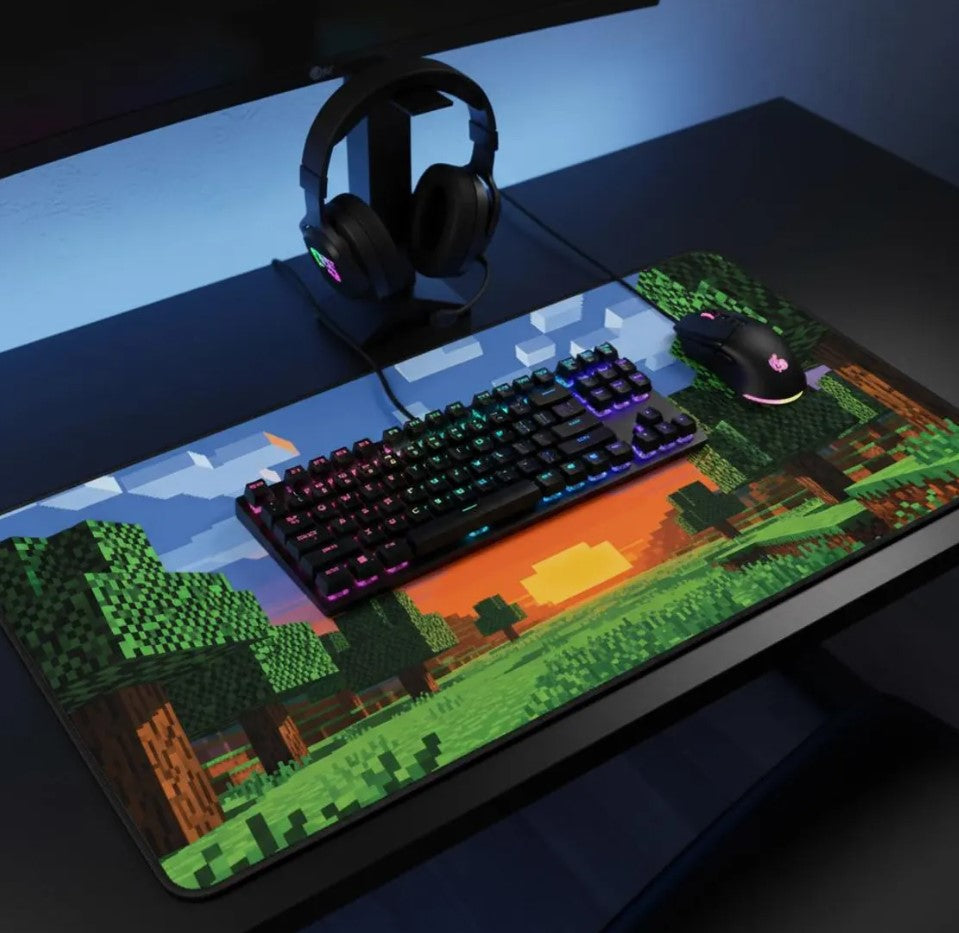 Pixel Sunset Mouse Pad – Blocky Landscape Desk Mat, Minecraft Style Voxel Art, Choose Size