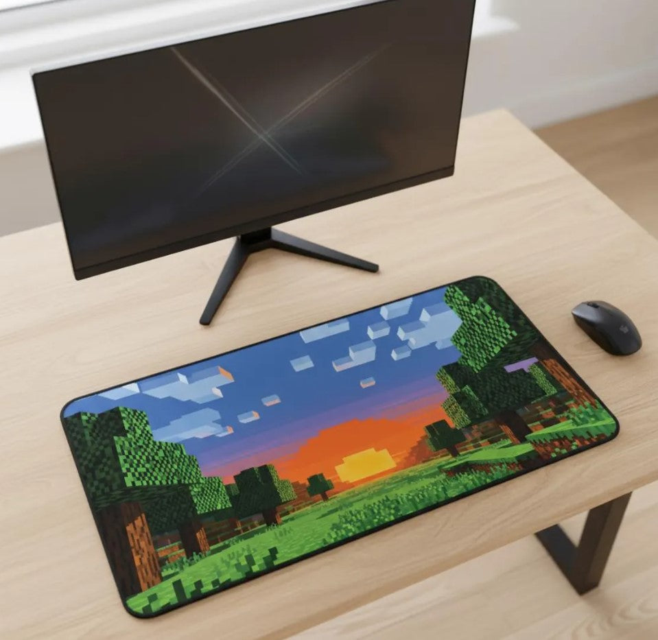 Pixel Sunset Mouse Pad – Blocky Landscape Desk Mat, Minecraft Style Voxel Art, Choose Size