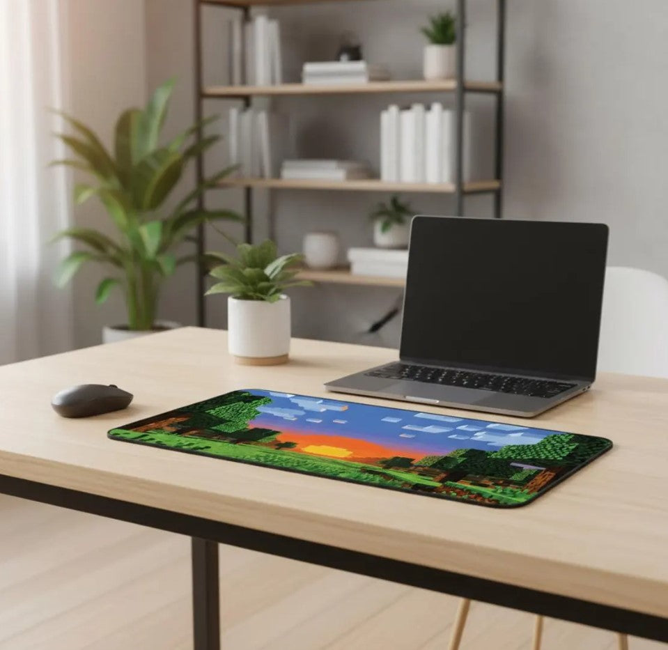 Pixel Sunset Mouse Pad – Blocky Landscape Desk Mat, Minecraft Style Voxel Art, Choose Size