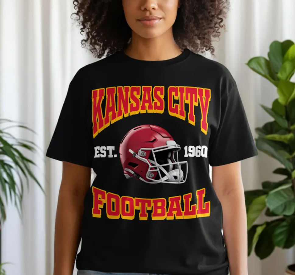 Kansas City Football T-Shirt, Chiefs Helmet Tee, Fan Apparel, Gift for Football Lover, Game Day Shirt, Sports Team T-Shirt, Trendy Design