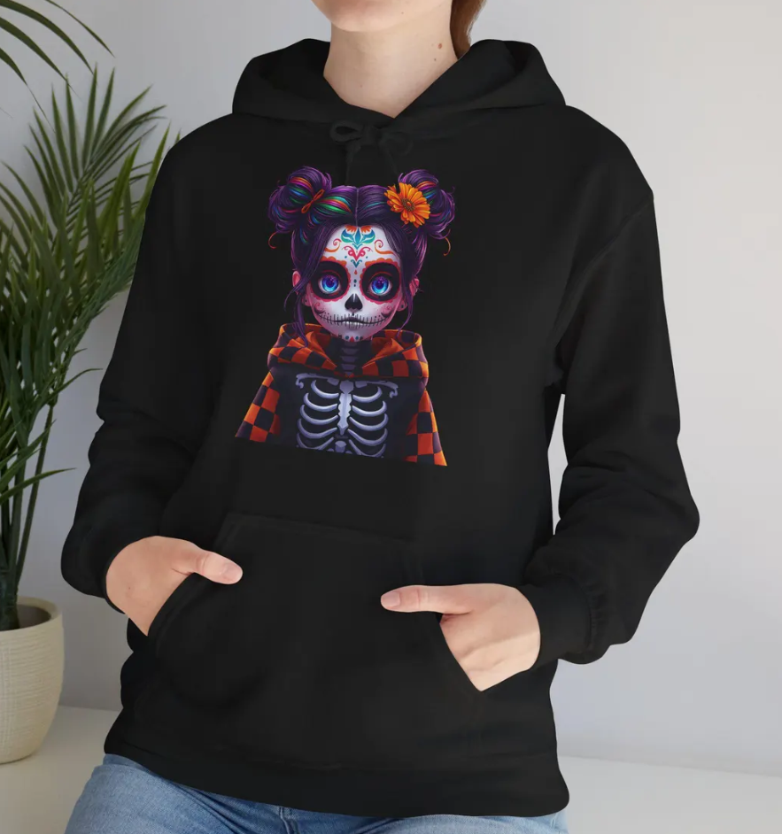Gothic Halloween Hoodie, Sugar Skull Face Rainbow Skeleton Sweatshirt, Colorful Marigold Flower, Neon Spooky Style, Bold Vibrant Colors,