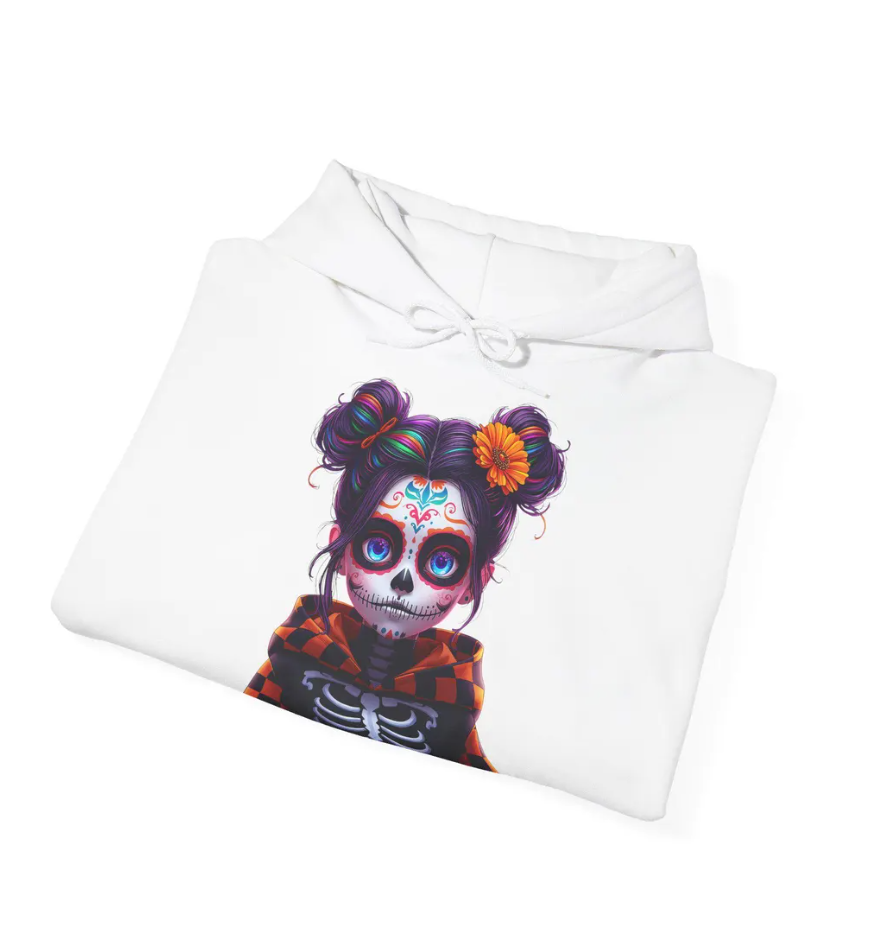 Gothic Halloween Hoodie, Sugar Skull Face Rainbow Skeleton Sweatshirt, Colorful Marigold Flower, Neon Spooky Style, Bold Vibrant Colors,