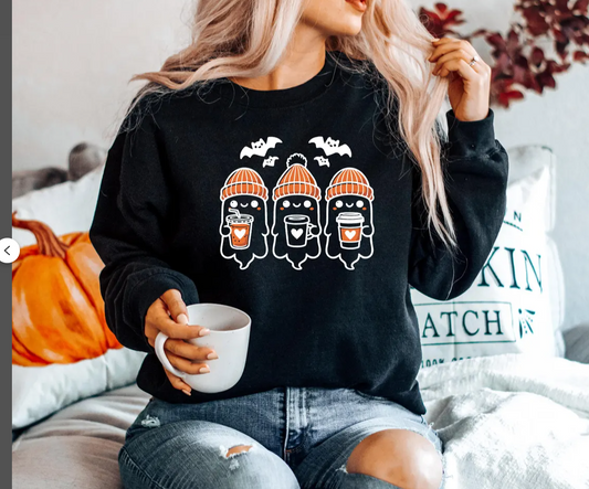 Cute Ghost Drinking Coffee Sweatshirt, Halloween Party Shirt, Fall Graphic Shirt, Ghost Ice Coffee, Spooky Season, Fall Coffee Lover Shirt