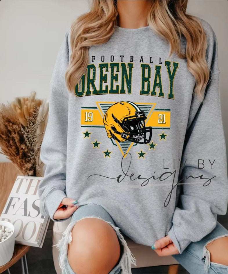 Green Bay Football Crewneck Sweatshirt Gildan Unisex Retro Football Sweater Vintage Helmet Graphic Sweatshirt DTF Printed Fan Apparel