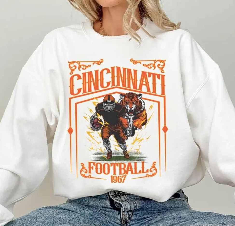Cincinnati Football Skull Vintage Sweatshirt,Cincinnati Fan Gifts,Football Game Day Sweatshirt,Cincinnati Football Crewneck,Football T-Shirt