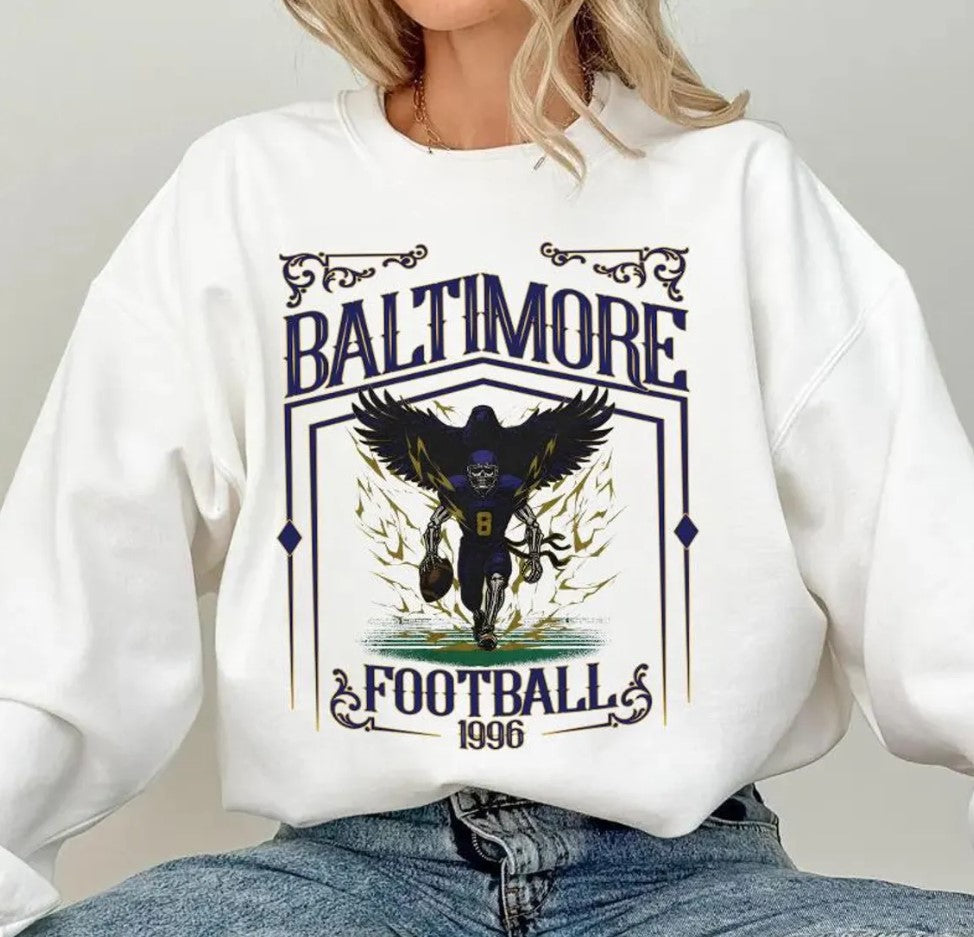 Baltimore Football Skull Vintage Sweatshirt,Baltimore Fan Gifts, Football Game Day Sweatshirt, Baltimore Football Crewneck, Football T-Shirt