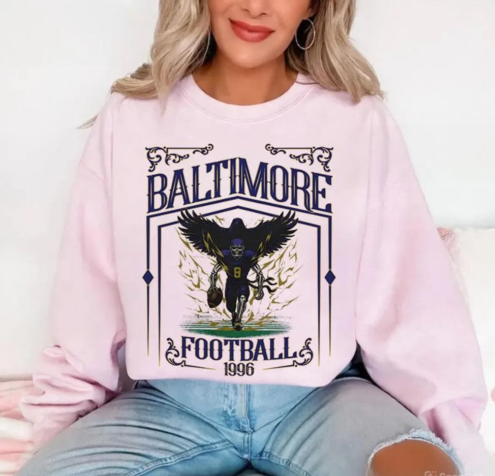 Baltimore Football Skull Vintage Sweatshirt,Baltimore Fan Gifts, Football Game Day Sweatshirt, Baltimore Football Crewneck, Football T-Shirt