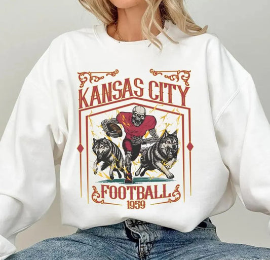 Kansas City Football Skull Vintage Sweatshirt,Kansas City Fan Gifts,Football Game Day t-shirt,Kansas City Football Crewneck,Football T-Shirt