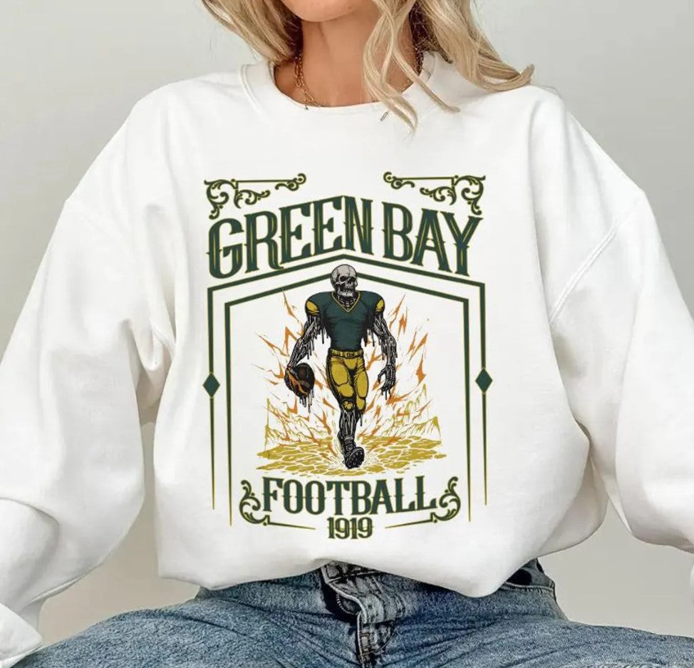 Green Bay Football Skull Vintage Sweatshirt,Green Bay Fan Gifts,Football Game Day Sweatshirt,Green Bay Football Crewneck,Football T-Shirt