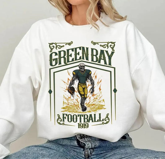 Green Bay Football Skull Vintage Sweatshirt,Green Bay Fan Gifts,Football Game Day Sweatshirt,Green Bay Football Crewneck,Football T-Shirt