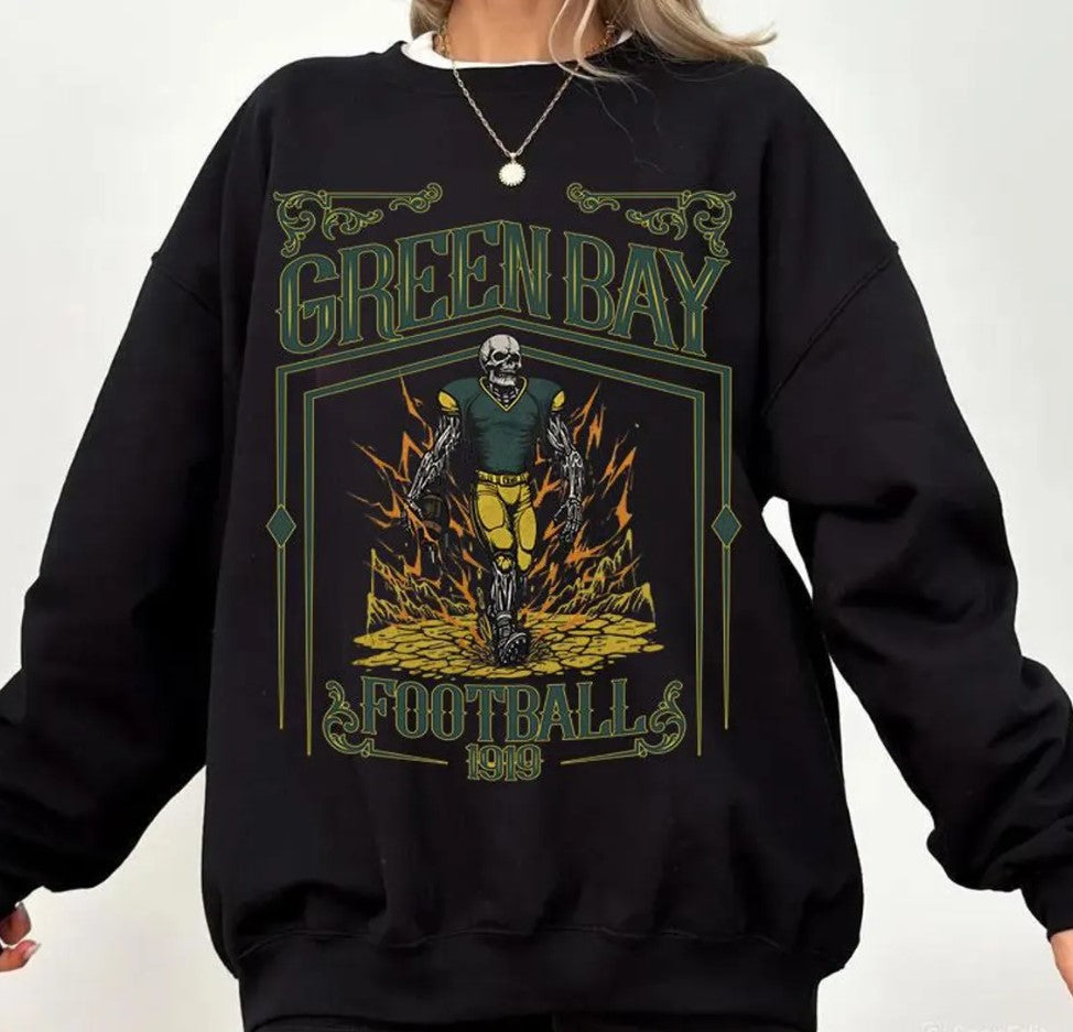 Green Bay Football Skull Vintage Sweatshirt,Green Bay Fan Gifts,Football Game Day Sweatshirt,Green Bay Football Crewneck,Football T-Shirt
