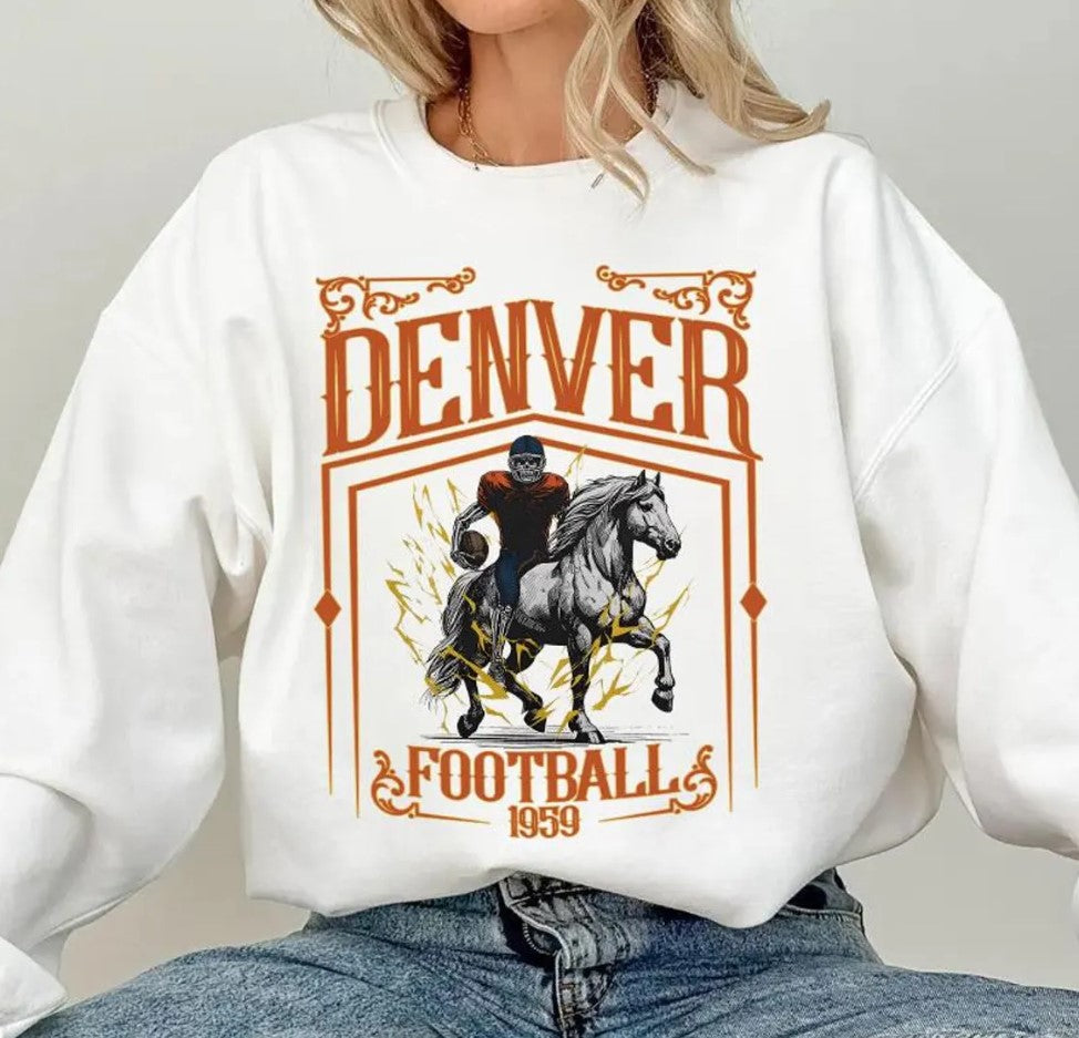 Denver Football Skull Vintage Sweatshirt,Denver Fan Gifts,Football Game Day Sweatshirt,Denver Football Crewneck,Football T-Shirt