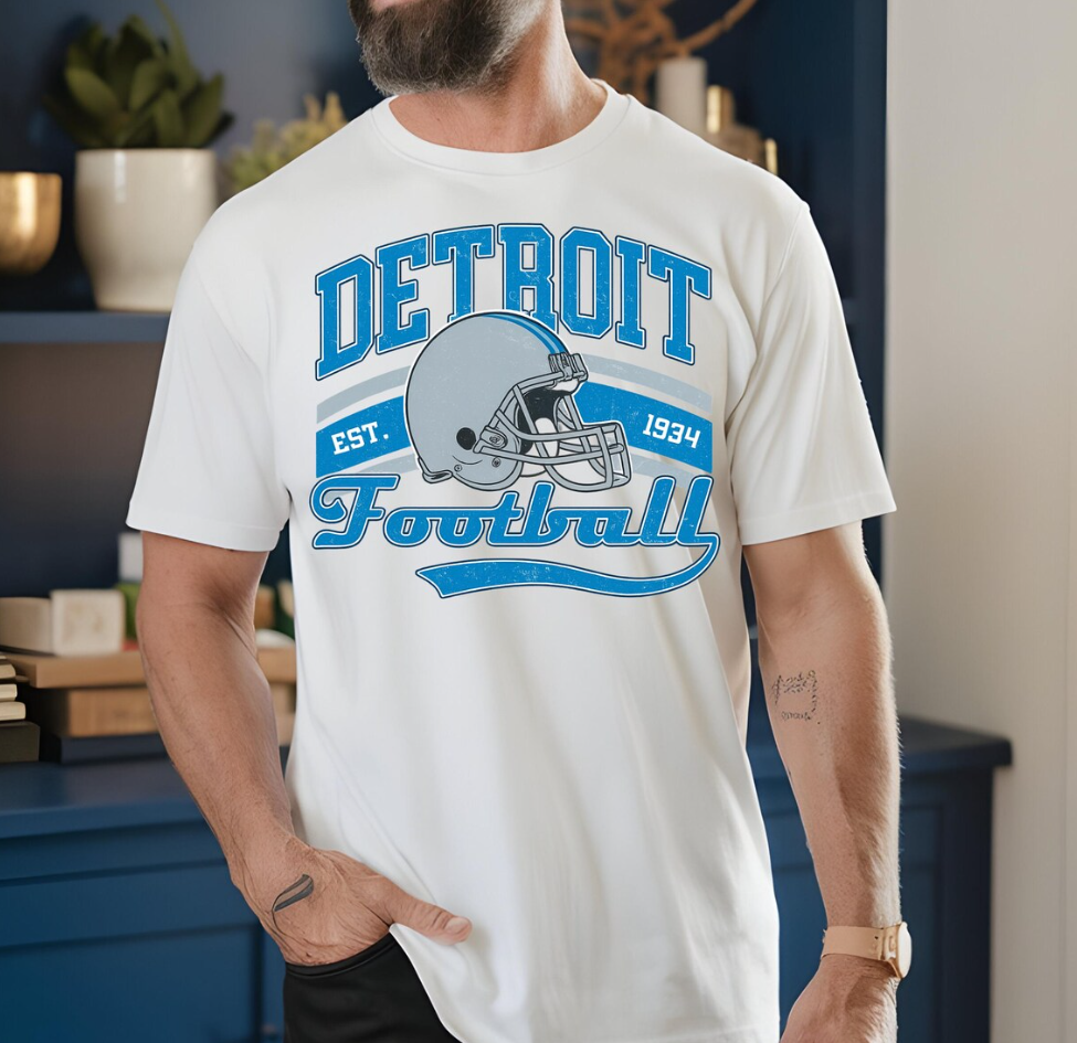 Detroit Football T-Shirt, Football Helmet, Distressed Graphic, Team Spirit, Fan Apparel