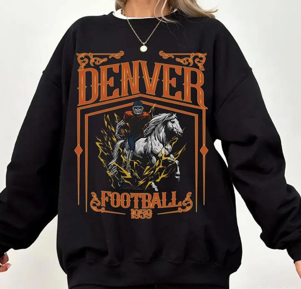 Denver Football Skull Vintage Sweatshirt,Denver Fan Gifts,Football Game Day Sweatshirt,Denver Football Crewneck,Football T-Shirt