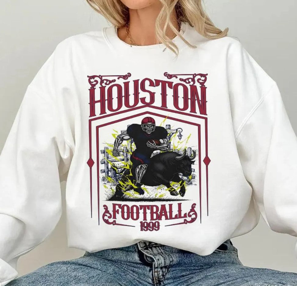 Houston Football Skull Vintage Sweatshirt,Houston Fan Gifts,Football Game Day Sweatshirt,Houston Football Crewneck,Football T-Shirt
