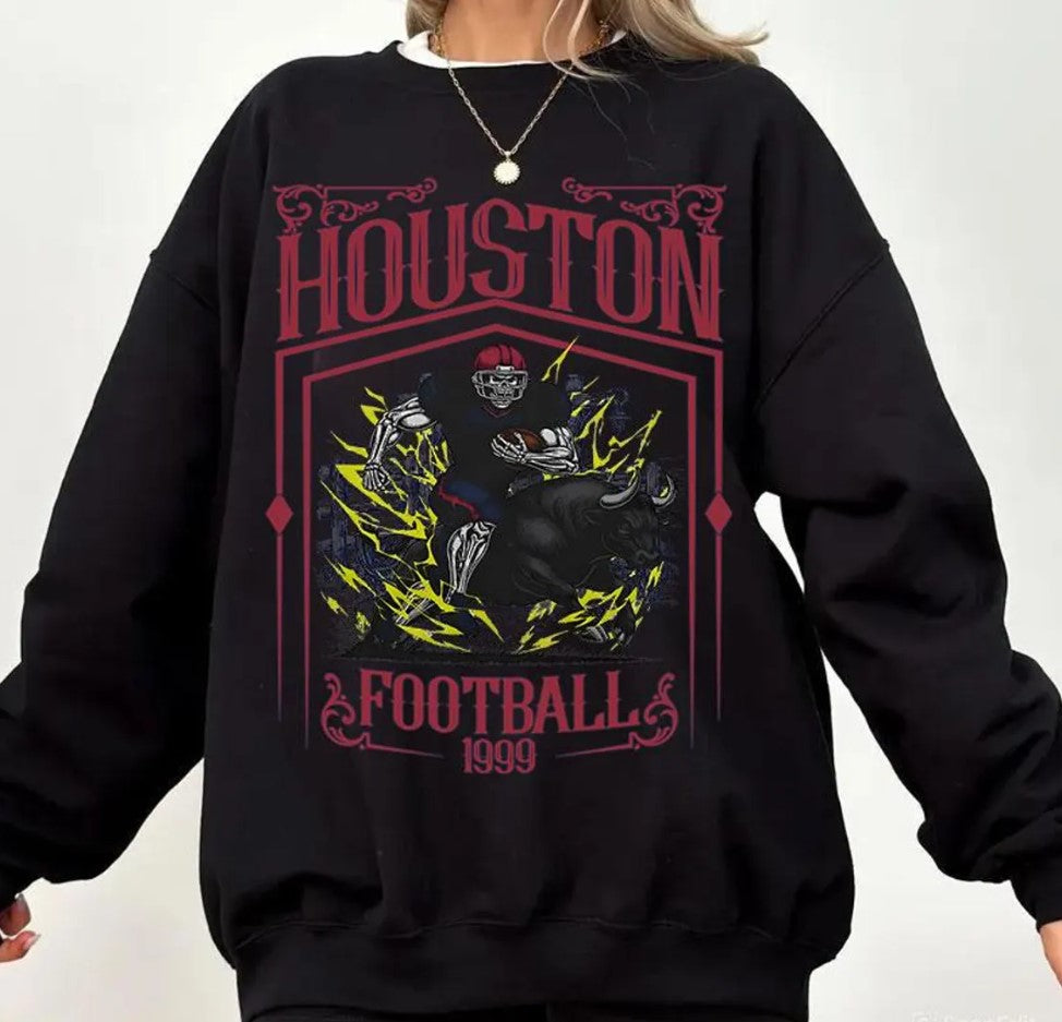 Houston Football Skull Vintage Sweatshirt,Houston Fan Gifts,Football Game Day Sweatshirt,Houston Football Crewneck,Football T-Shirt