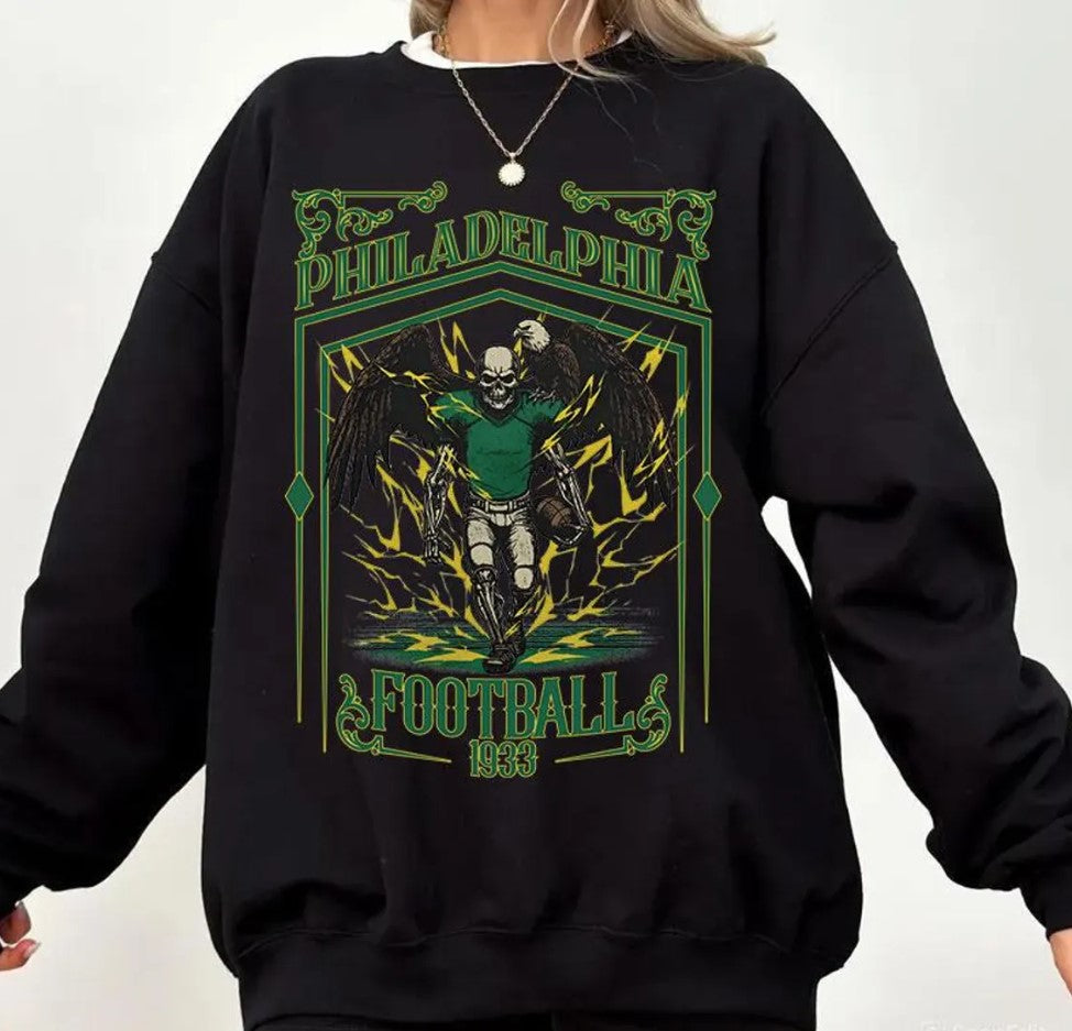 Philadelphia Football Skull Vintage Sweatshirt,Philadelphia Fan Gifts,Football Game Day ,Philadelphia Football Crewneck,Football T-Shirt