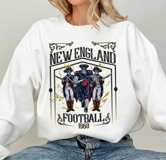 New England Football Skull Vintage Sweatshirt,New England Fan Gift,Football Game Day Shirt,New England Football Crewneck Shirt,Football Shir