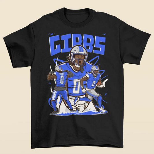 Jahmyr Gibbs Cartoon Style Detroit Football T-Shirt