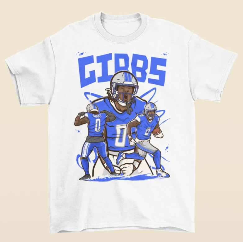 Jahmyr Gibbs Cartoon Style Detroit Football T-Shirt