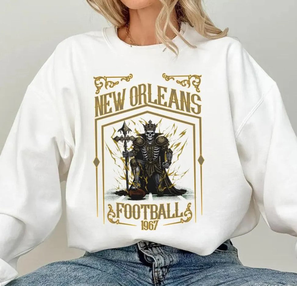 New Orleans Football Skull Vintage Sweatshirt,New Orleans Fan Gift,Football Game Day Shirt,New Orleans Football Crewneck Shirt,Football Shir