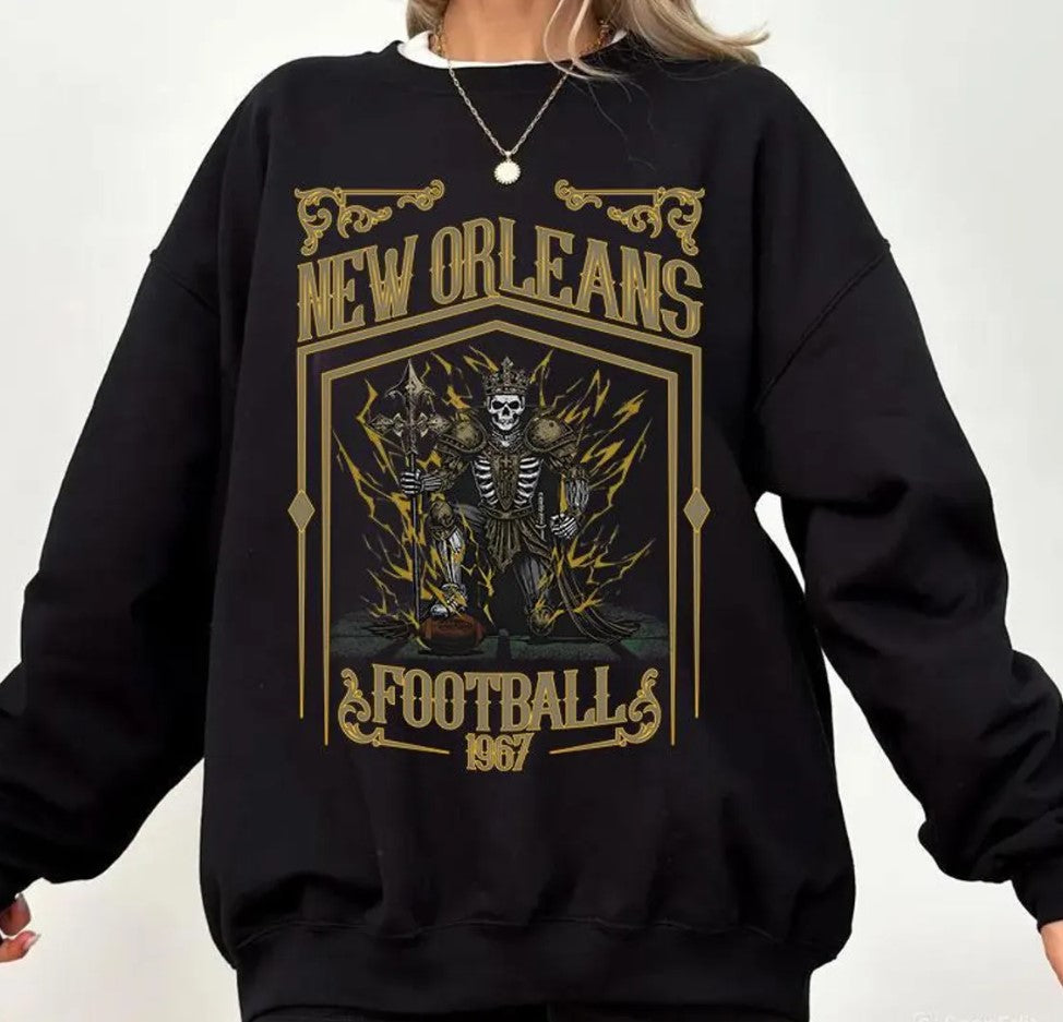 New Orleans Football Skull Vintage Sweatshirt,New Orleans Fan Gift,Football Game Day Shirt,New Orleans Football Crewneck Shirt,Football Shir