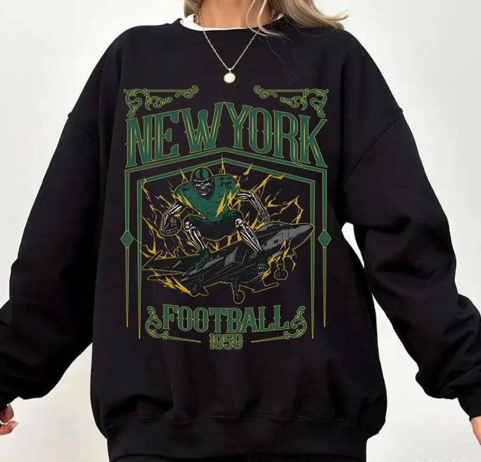 New York Football Skull Vintage Sweatshirt,Gifts for New York Fans, Football Game Day Shirt,New York Football Crewneck Shirt, Football Shirt