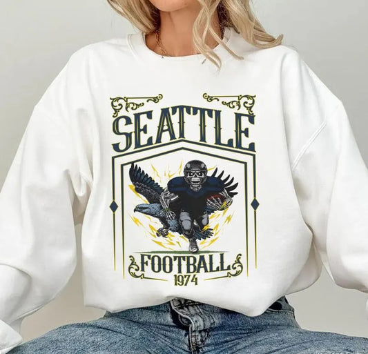 Seattle Football Skull Vintage Sweatshirt,Gifts for Seattle Fans, Football Game Day Shirt,Seattle Football Crewneck Shirt, Football Shirt