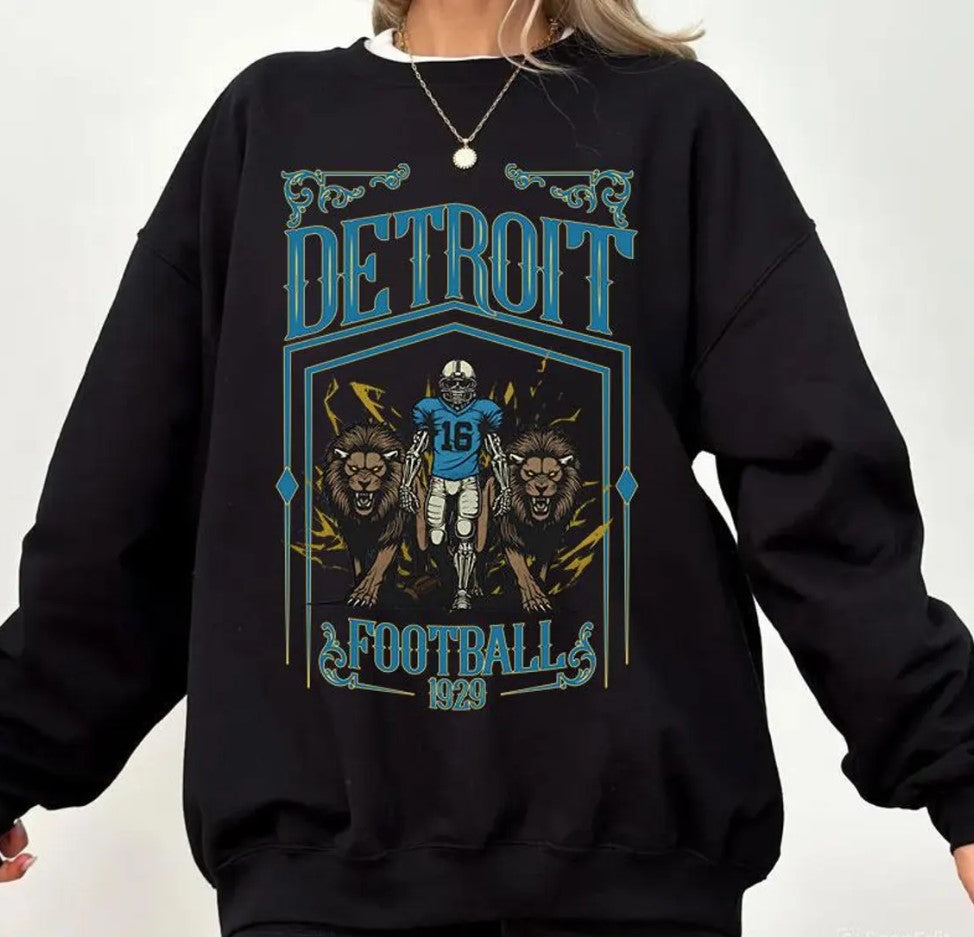 Detroit Football Skull Vintage Sweatshirt,Gifts for Detroit Fans,Football Game Day Sweatshirt,Detroit Football Crewneck Shirt,Football shirt