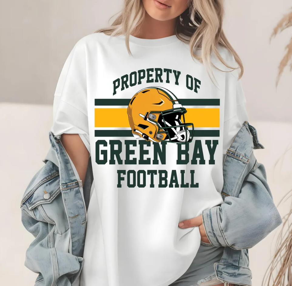 Green Bay Football T-Shirt, Packers Helmet, Property Of, Fan Apparel, Gift For Football Fan