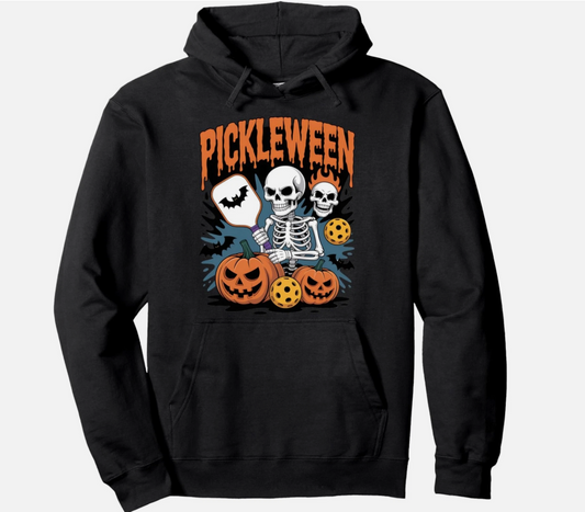 Spooky Pickleween Skeleton with Pumpkins Halloween Unisex Hooded Sweatshirt