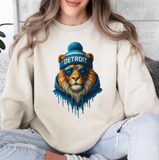 Vintage Detroit Football Sweatshirt, Retro Lion Mascot Crewneck, Drippy Art Game Day Top, Detroit Fan Gift, Unisex Sports Apparel