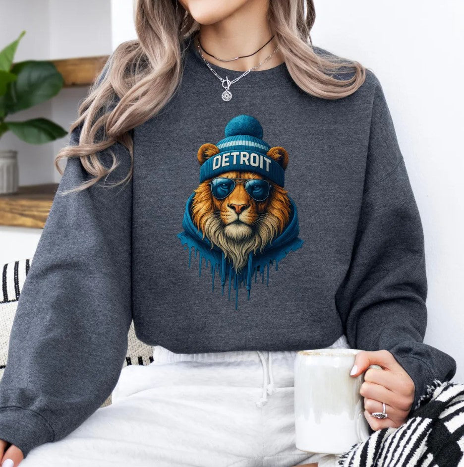 Vintage Detroit Football Sweatshirt, Retro Lion Mascot Crewneck, Drippy Art Game Day Top, Detroit Fan Gift, Unisex Sports Apparel