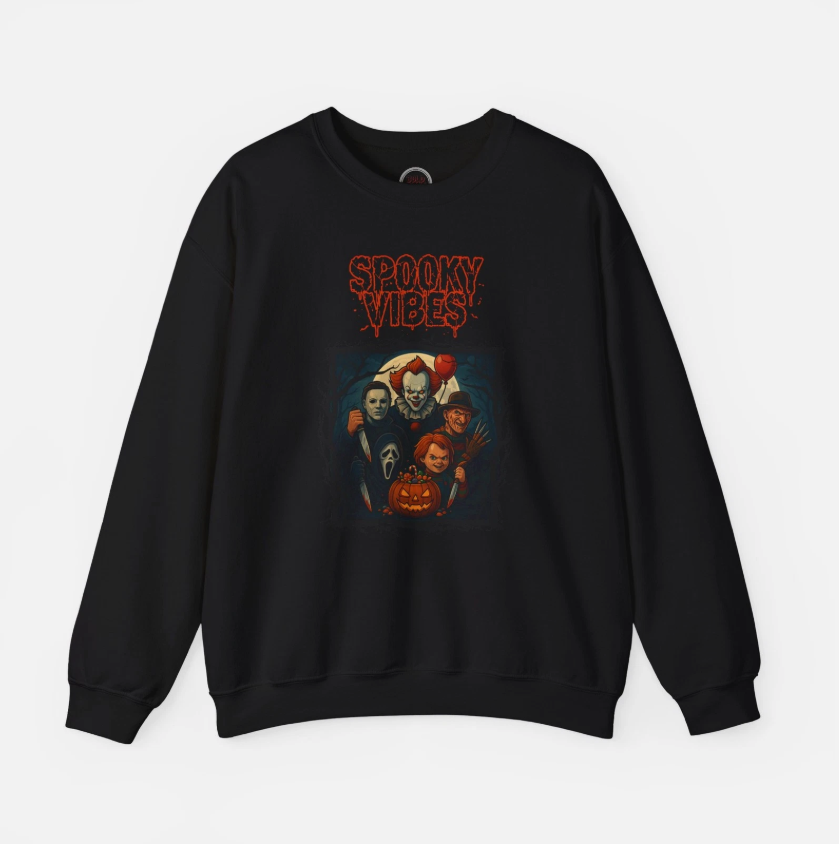 Spooky Vibes Horror Legends Sweatshirt – Halloween Inspired Graphic Sweater